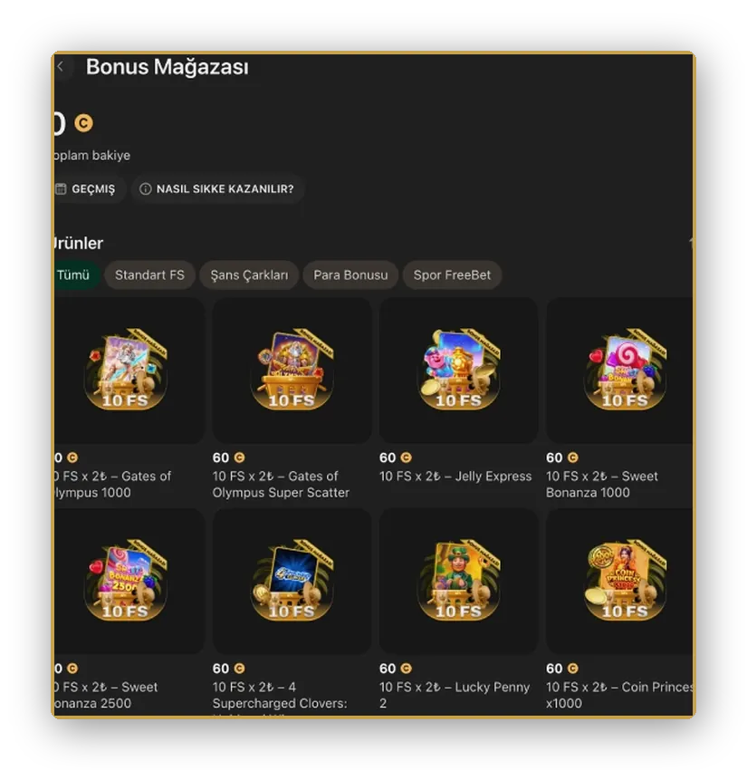 Puan mağazası Üstte jeton sayacı ve slot karolarına bağlı free spin fırsatları olan puan mağazası görünümü