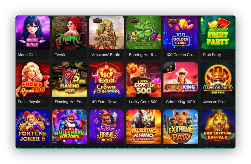 Slot kataloğu Moon Girls ve Fruit Party gibi parlak kapaklarla karo biçimindeki slot kataloğu görünümü