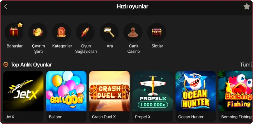 Hızlı oyun rafı JetX, Balloon, Crash Duel X ve Propeller kapaklarını taşıyan hızlı oyun rafı görünümü