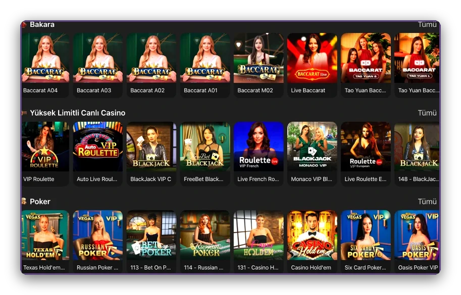 Bakara ve poker sıraları Canlı bakara, yüksek bahisli masalar ve poker için lobi satırları görünümü
