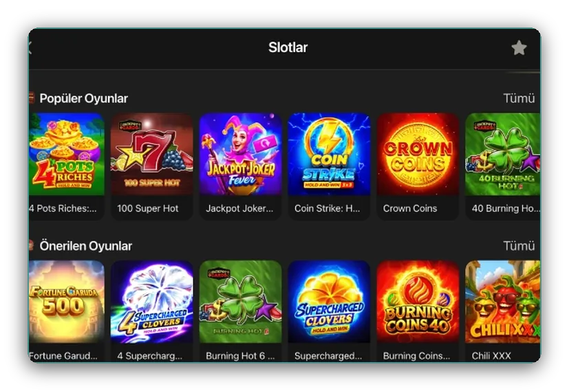 Favori ve önerilen slotlar Hold and Win oyunları dahil, çok oynananlar ve önerilen seçimler için slot rafları görünümü
