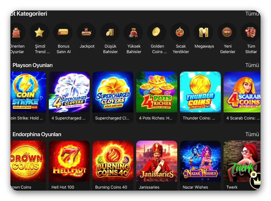 Slot kategorileri Çeşitli stüdyolardan oyun raflarının üstünde yer alan slot kategori etiketleri sırası görünümü