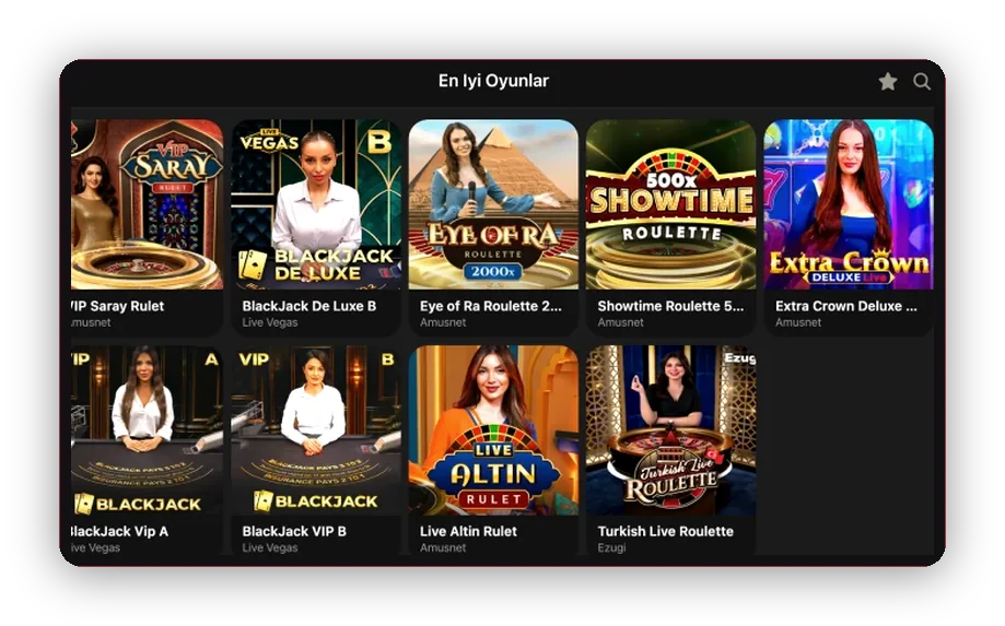 Canlı masalar VIP Saray Rulet, Showtime Roulette ve Eye of Ra dahil ızgara düzenindeki canlı masalar görünümü