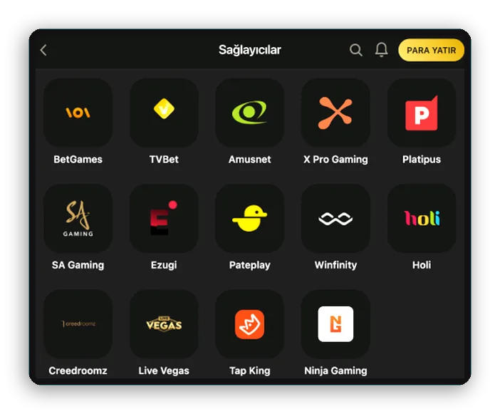 Stüdyo dizini BetGames, Amusnet, Ezugi ve Tap King logolarını karolarda gösteren stüdyo dizini görünümü
