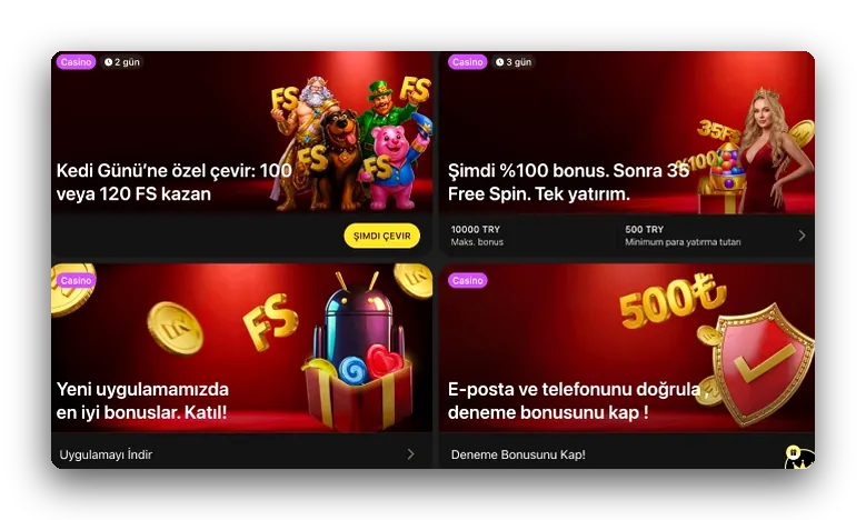 Teklif karoları Tematik çevirme etkinliği, yükleme bonusu, uygulama fırsatı ve deneme hediyesi içeren dört karo görünümü