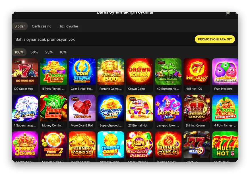 Çevrim slot listesi Bonus çevrimi için uygun slot listesi görünümü: %100, %50, %25 ve %10 katkı filtreleriyle daraltılmış