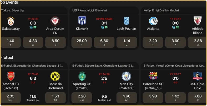 Maç listesi ve 1 X 2 Her maçın yanında üçlü 1 X 2 oranlarıyla futbol karşılaşmalarını gösteren öne çıkan maçlar listesi görünümü