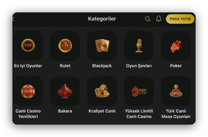 Masa oyunu menüsü Rulet, blackjack, oyun şovları ve poker için küçük simgeler taşıyan masa oyunları menüsü görünümü