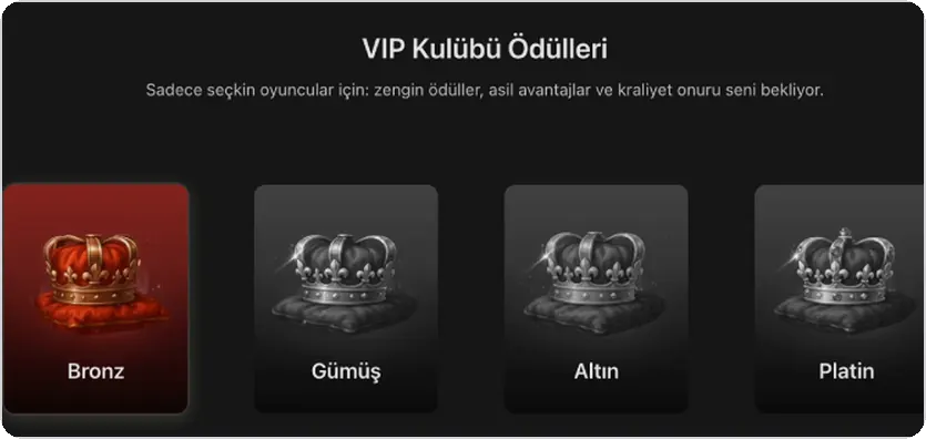 Bronz, Gümüş, Altın ve Platin kademeleri için dört taç kartı içeren sadakat ödülleri sayfası görünümü