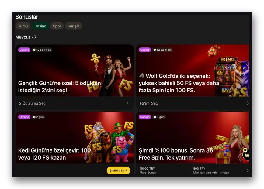 Promosyon sayfası Promosyonlar sayfası görünümü: dört casino teklifinin üstünde tümü, casino ve spor sekmeleri
