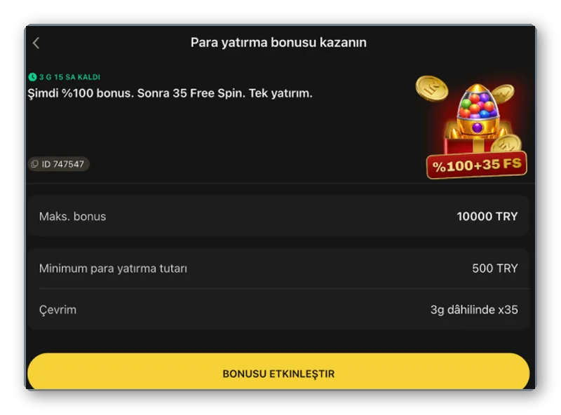 Yükleme bonusu kartı Bonus üst sınırı, en düşük yatırım ve çevrim kuralını sıralayan yükleme bonusu kartı görünümü