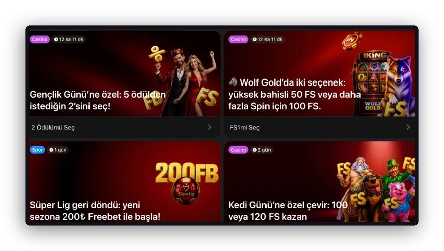 Dört teklif karosu Koyu arka planda free spin ve cashback fırsatlarını bir araya getiren dört teklif karosu görünümü